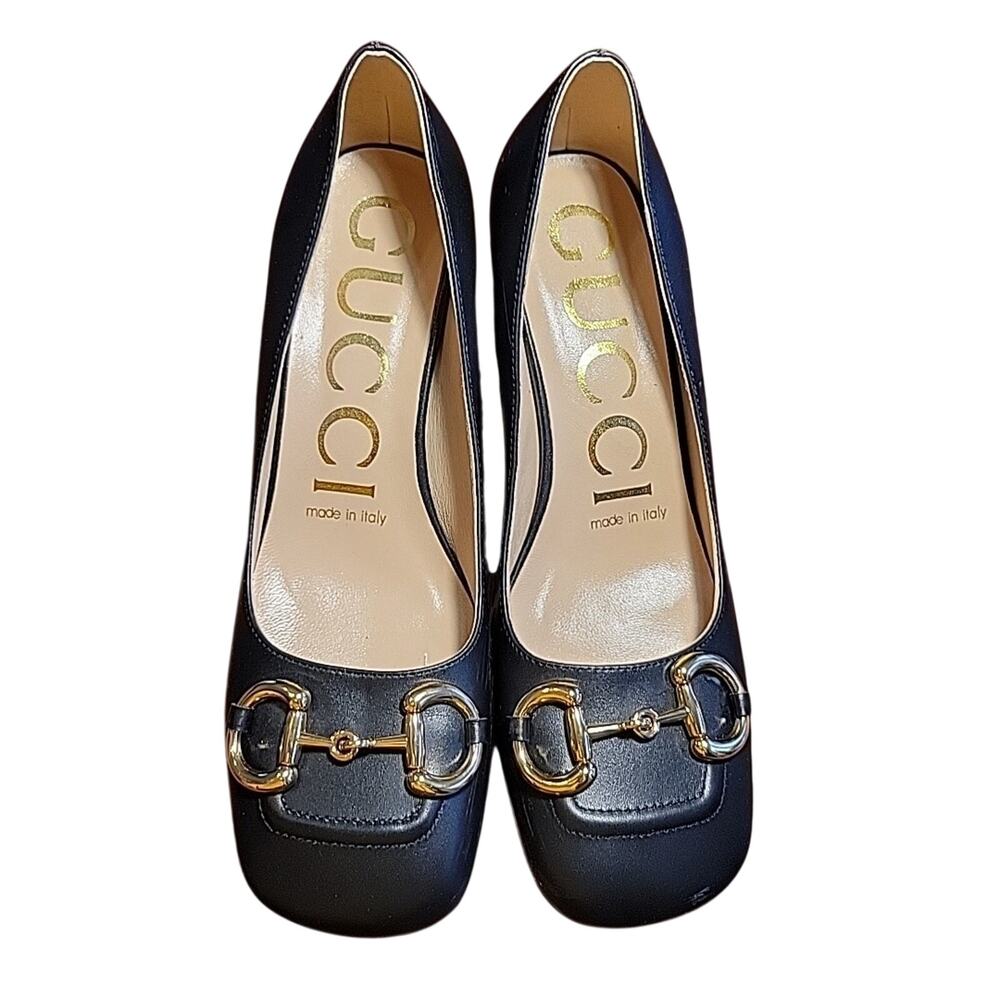 Gucci Black Leather Baby Block Heel Horsebit Pump SZ 40 Square Toe Gold Tone